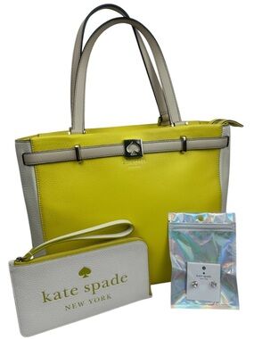 kate spade Lemon Yellow and Cream Leather Tote with Wristlet & Earrings
